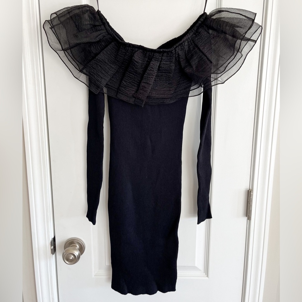 Tulle Ruffle Black Knit Mini Dress